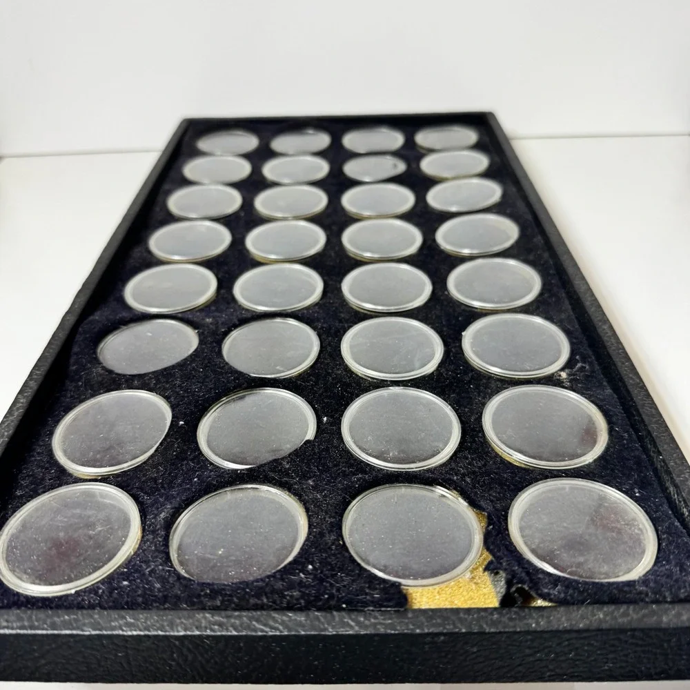 Gemstone Display Case 32 Jar Black Faux Leather Jewelry Storage Tray Box